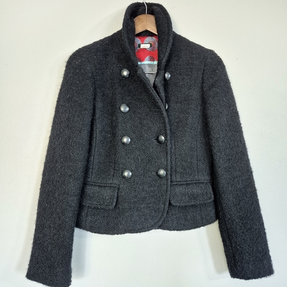 J Crew Wool Mohair Double Breasted Short Jacket Satin Lined Black Size 6